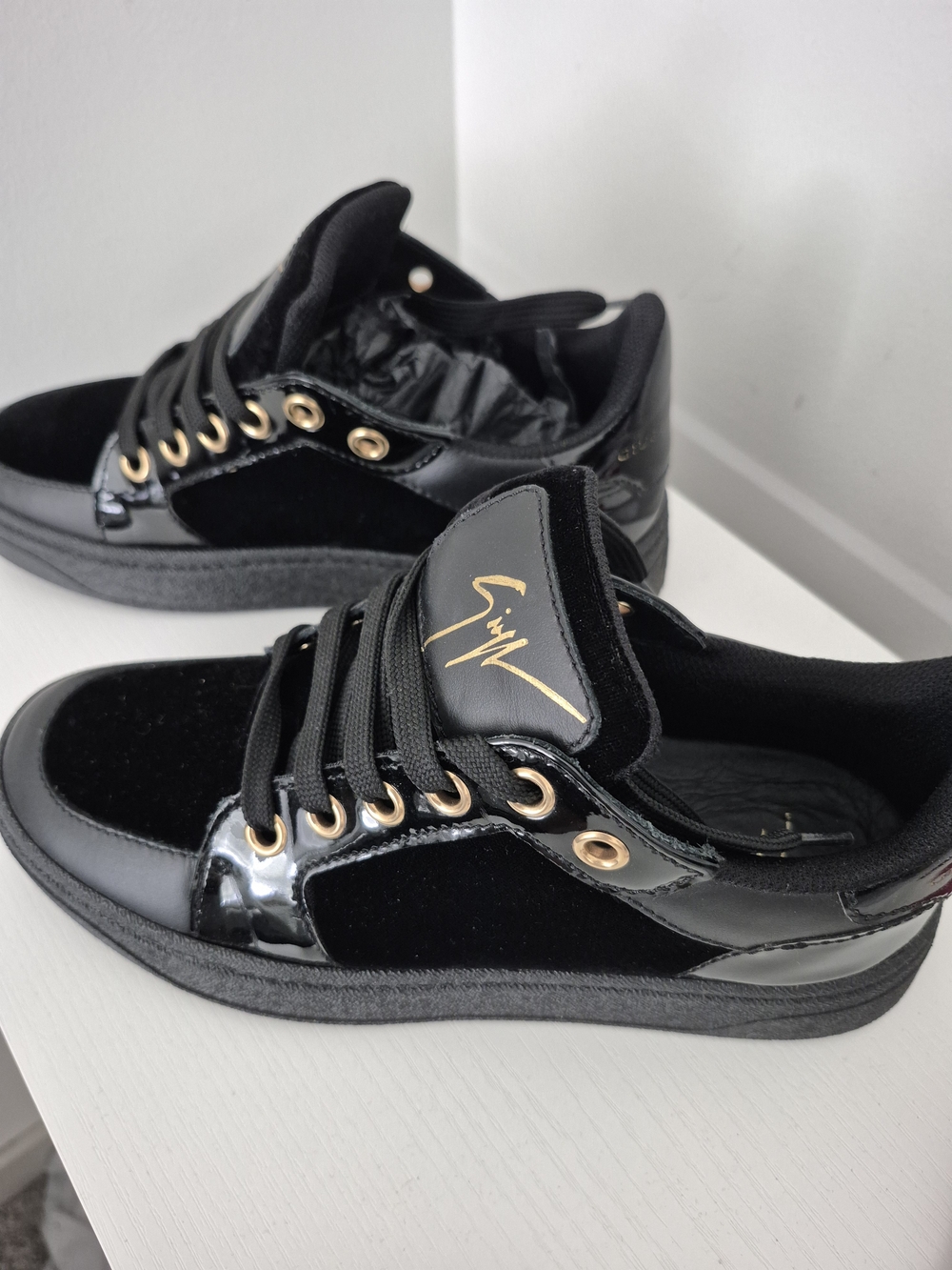 Giuseppe Zanotti Black Velvet & Patent Leather Sneakers with Gold Accents